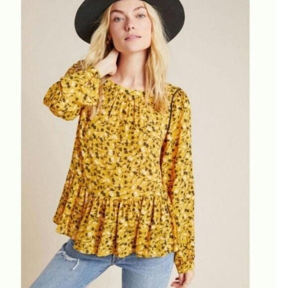 Anthropologie Maeve Women's S Cheyenne Floral Print Peplum Blouse Yellow - Picture 1 of 10